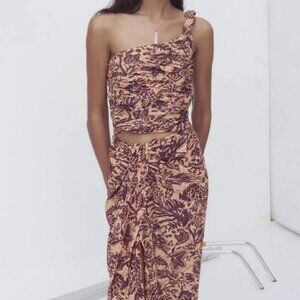 ZARA Printed Two-Piece Set – Boho Purple & Tan Crop Top + Midi Skirt | Size XS
